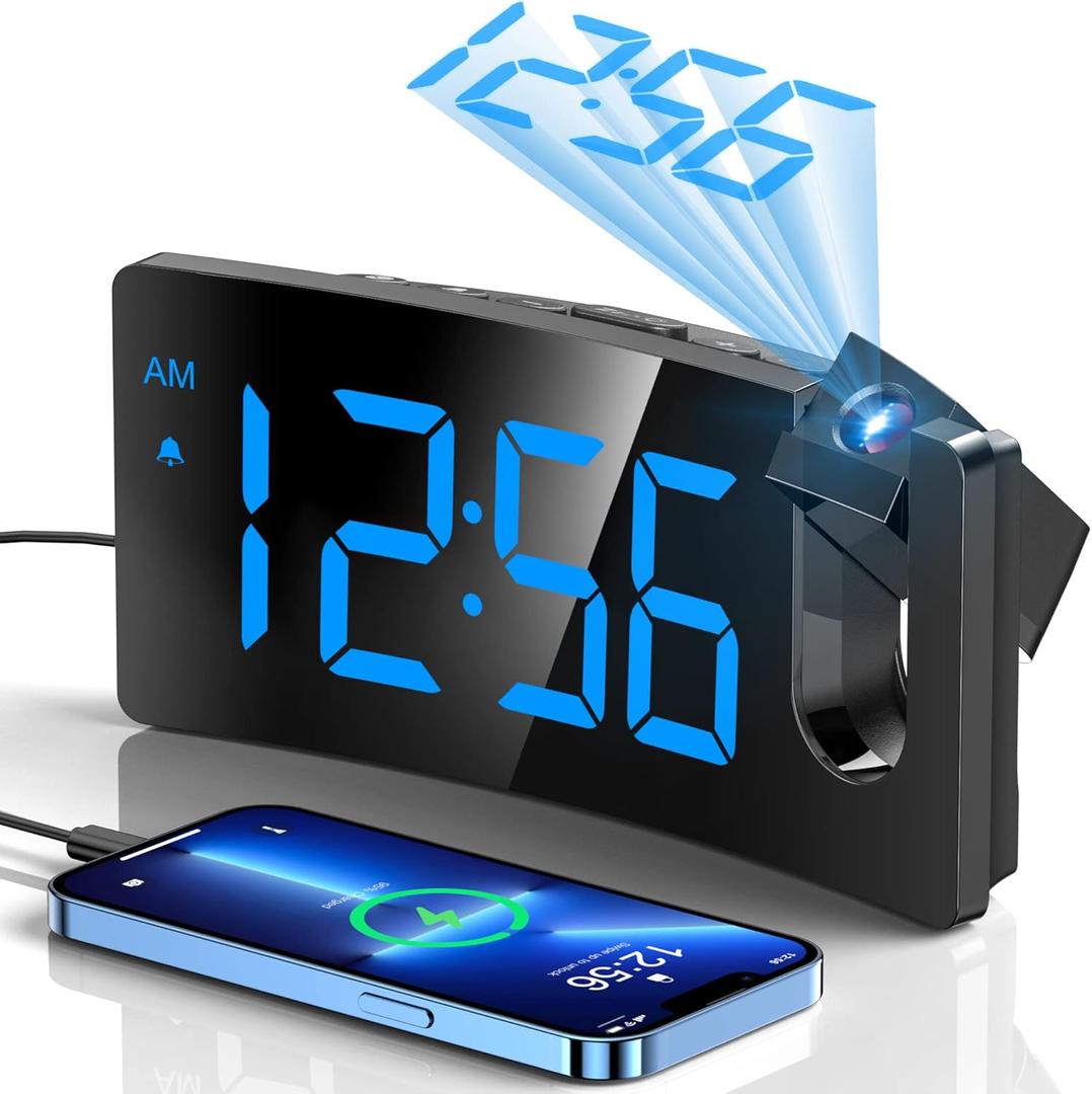 GOLOZA Projection Alarm Clock, Digital Clock with 180 Rotatable Projector, 3-Level Brightness Dimmer, Clear LED Display, USB Charger, Progressive Volume, 9mins Snooze,12/24H, for Bedroom