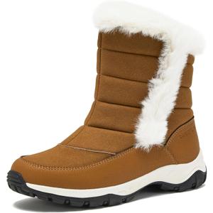Lands' End Expedition Slip On Insulated Waterproof Winter Boots for Women, Puffer Fur Trimmed Hook & Loop Womens Boots - Tan, 6.5 Medium