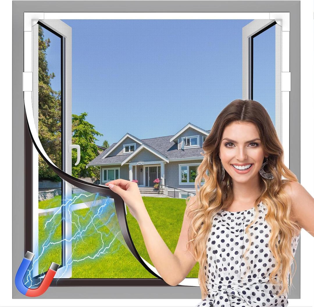 Magnetic Window Screen, Adjustable DIY 39x39in Window Screen Replacement, White Frame Gray Fiberglass Mesh, No Drilling Easy Cut-to-Fit for Sliding/Swing/Top-Hung, Fits Wood/Iron/PVC Frames