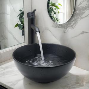 Black Bathroom Vessel Sink 13 Inch Round Top Mount Ceramic Sink with Faucet and Pop Up Drain Space Saving Design Bowl for Small Bathrooms