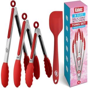 Kaluns Kitchen Tongs for Cooking Grilling Set of 4, BBQ Grill Tongs With Silicone Tip Stainless Steel Heat Resistant, Non-stick Pull Lock, Incl 7, 9, 12 Inch Tong Plus a Silicone Spatula