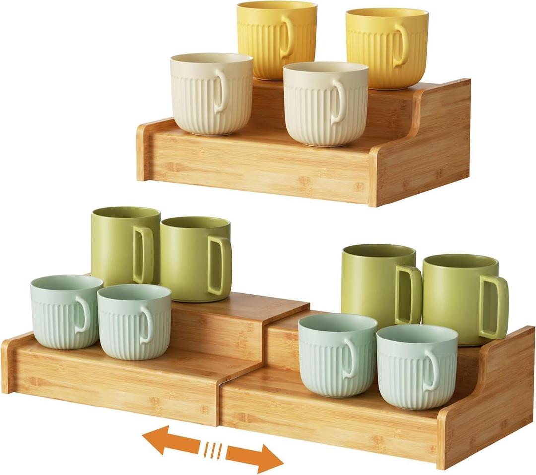 2-Tier Expandable Coffee Mug Holder, Countertop Station Bamboo Mug Cup Rack Coffee Bar Organizer, Tea Cups Stand for Cabinet, Multi-functional Mug Holder Shelf for Kitchen, Home ((11.97~23.94'')L*8.86''W*4.53''H, Bamboo)
