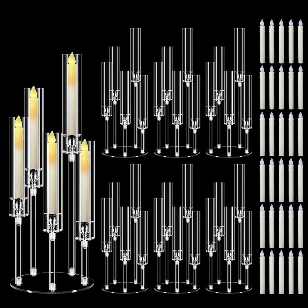 6 Sets 5 Arm Acrylic Candelabras with Candles, 22'' Tall for Table | 5-tier staggered arms, Clear acrylic build, Comes with a matching candle, Ideal as housewarming gift, Dinner Table Decor