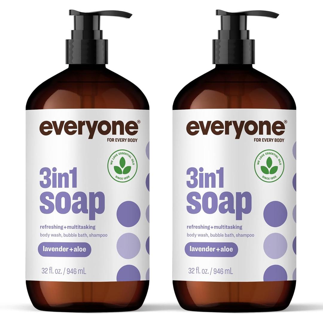 Everyone 3-in-1 Soap, Body Wash, Bubble Bath, Shampoo, 32 Ounce (Pack of 2), Lavender and Aloe, Made with Essential Oils for Men and Women