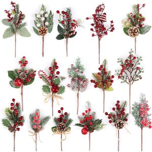 LOAVER 16 Pack Artificial Christmas Red Berry Picks Assorted Faux Pine Branches Spray with Pinecones Holly Stems for Xmas Tree Floral Arrangement Winter Wreath Gift Wrapping Decor (Multi Color)