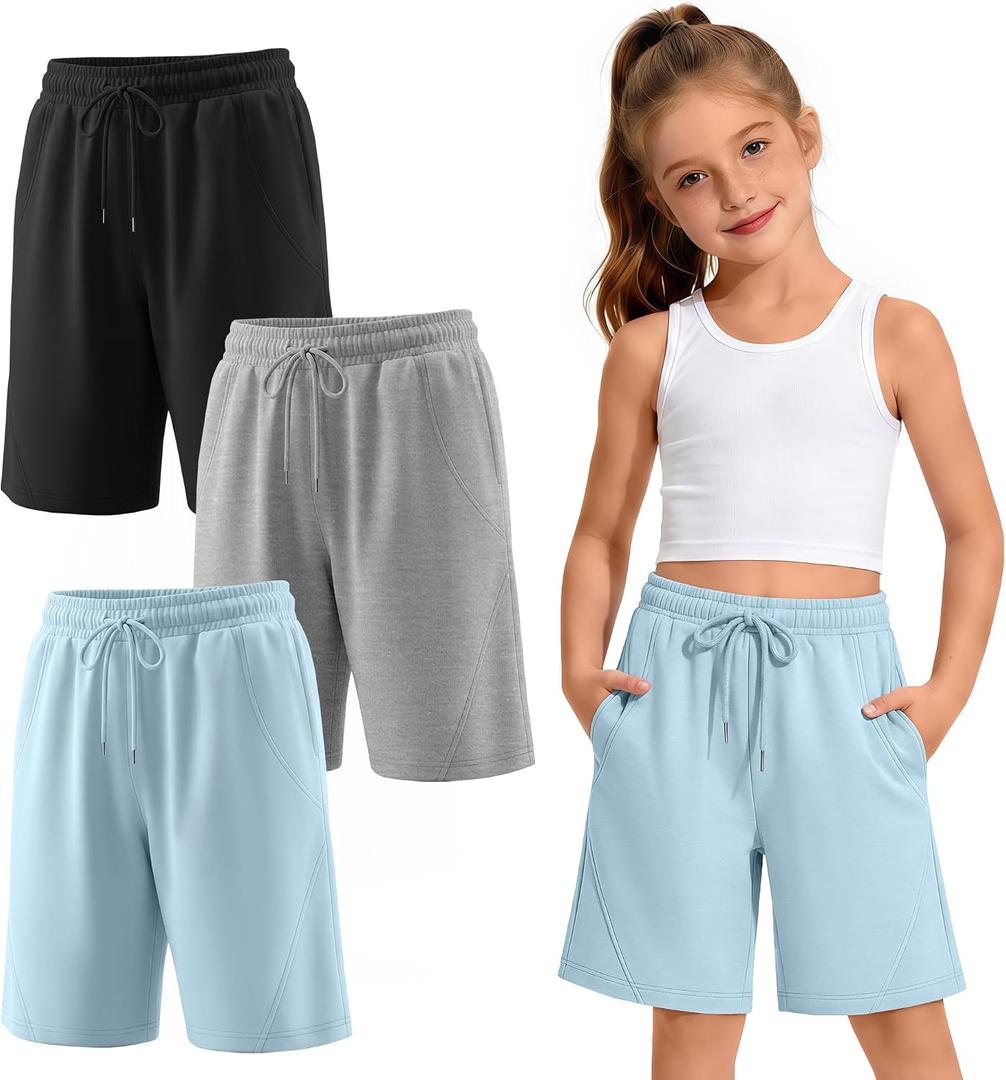 3 Pack Girls' Bermuda Long Shorts 5-14Y | Bermuda Shorts, Athletic, Long Short, Drawstring, Sweatshorts Pocket, for Summer, Casual, for Girls, Kids, Teen, 5-14Y
