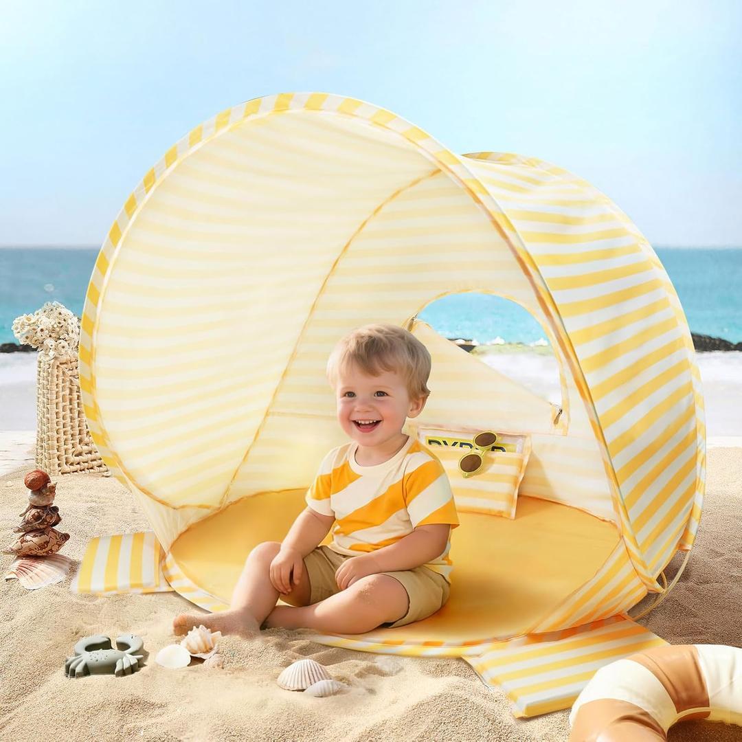 Tiny Land Baby Beach Tent  Pop Up Baby Tent with UV Protection, Portable Baby Beach Essentials, 35.4"x27.6"x31.5" Sun Shelter for Infants, Baby Summer Outdoor Use (Pastel Yellow Stripes)