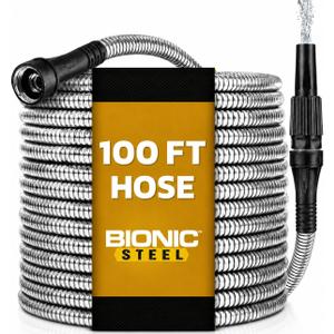 BIONIC STEEL 100 Ft Metal Garden Hose with Sprayer Nozzle, Non Kinking Designed Stainless Steel Heavy Duty Water Hose 100 Ft x 5/8 in. Flexible NON Expandable for Uninterrupted Water Flow, 500 PSI