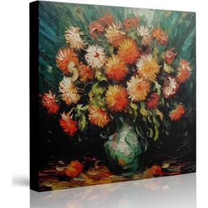Vintage Floral Picture Wall Decor Framed Retro Flower Canvas Wall Art Orange and Yellow Prints Poster Daisy in Vase Modern Painting for Living Room Bedroom Bathroom (14" x 14")