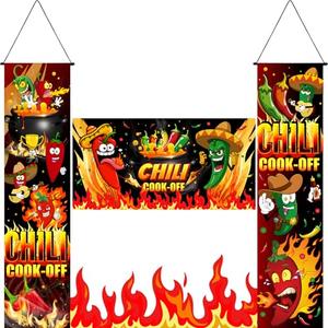Moukeren 3 Pcs Chili Cook off Decorations 47.24 x 11.81 Inch Chili Cook off Hanging Porch Sign Hot Pepper Contest Banner 39.37x19.69 Inch Mexican Fiesta Cooking Party Supplies