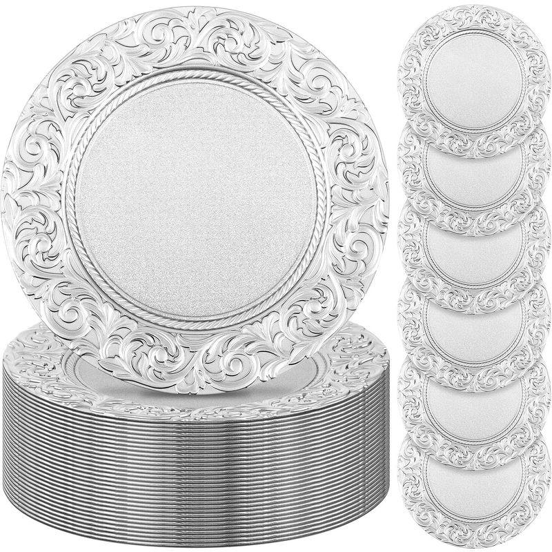 Uiifan 50 Pcs Silver Charger Plates Bulk 13'' Antique Plastic Chargers, about 13 inches in diameter