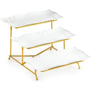 LAUCHUH 3 Tier Trays Stand, Porcelain Serving Trays Collapsible Sturdier Stand Serving Platters Dessert Table Display Set for Indoor Party, Entertaining, Valentine's Day, Gold, 12.2 Inch
