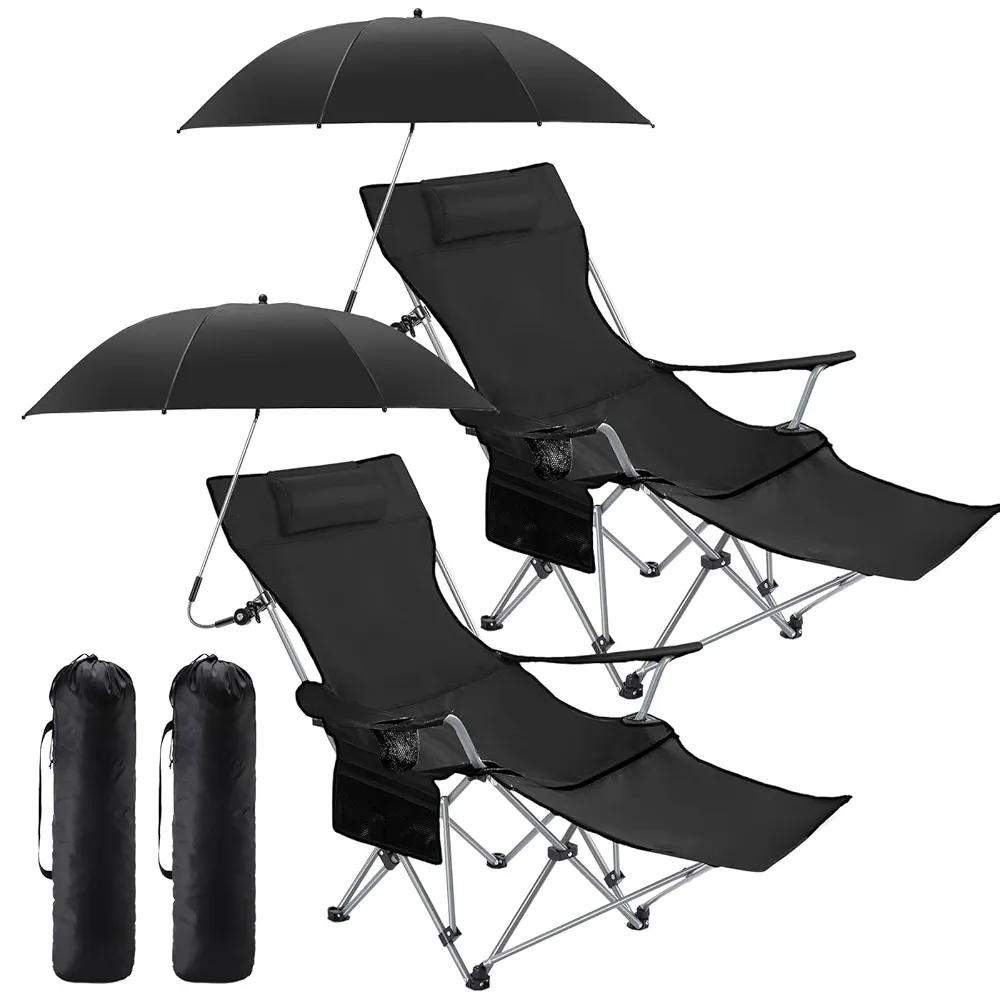 2 Set Camping Chair and Chair Umbrella Set Folding Camp Chair with Footrest Mesh, Lounge Chair with Cup Holder and Storage Bag Reclining for Camping Fishing Outdoor Activities (Black), Small