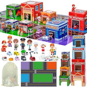 Cinrobiye Community Helpers Sorting and Stacking Set with Wooden Figures Traffic Signs Vehicles Modern City Mat Vehicle Preschool Learning Montessori Game Nesting Boxes for Boys Girls Birthday Gift