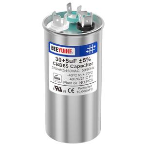 30+5uF 5% 30/5 MFD 370/440/450V AC 50/60Hz CBB65 Capacitor Dual Run Start Round Capacitor for AC Motor/AC Unit Fan Motor Start/Pool Pump/Heat Pump Air Conditioner