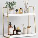 Forbena Bathroom Organizer Countertop, Counter Organizer for Bathroom Decor, Wooden Sink Shelf for Vanity Storage, Makeup Tray for Perfume Skincare Bedroom Kitchen Corner (2 Tier, White and Gold)