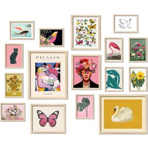 16 PCS Framed Eclectic Wall Art Decor, Modern Maximalist Home Gallery Wall Frame Set Prints for Bedroom Bathroom, Posters for Living Room Aesthetic, Colorful Dorm Artwork Collage Kit Pictures (12"x15" Framed)