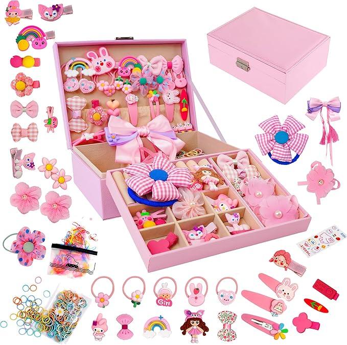 Hair Accessories Set with Jewelry Box - Hair Clips, Barrettes, Ties, Bows for Girls Ages 3-12
