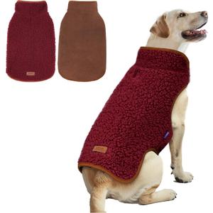 cyeollo Warm Dog Coat Fleece Sherpa Winter Sweater Coats, Turtleneck Dog Jacket Vest for Large Dogs with Leash Hole, Soft Reversible Pet Coats for Cold Weather, Burgundy, XXXL