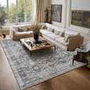 Washable 9x12 Area Rugs for Living Room, Boho Non-Slip Vintage Distress Lager Rugs for Bedroom Dining Room Nursery Office, 0.3" Neutral Oriental Throw Thin Carpet, Grey/Multi, C5