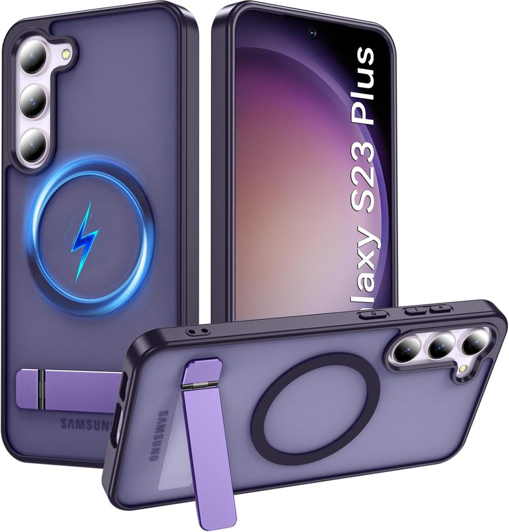 Magnetic for Samsung Galaxy S23+ Plus Phone Case with Adjustable Kickstand, S23+ Case [Shockproof Military Grade Drop Protection] Translucent Matte Back Phone Cover for S23 Plus 6.6", Purple