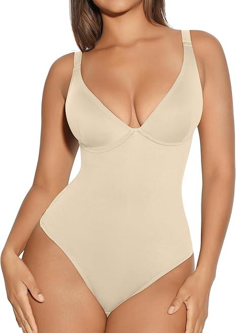 FeelinGirl Shapewear Bodysuits for Women Tummy Control Body Suits Deep V Neck Thong Body Shaper, XL