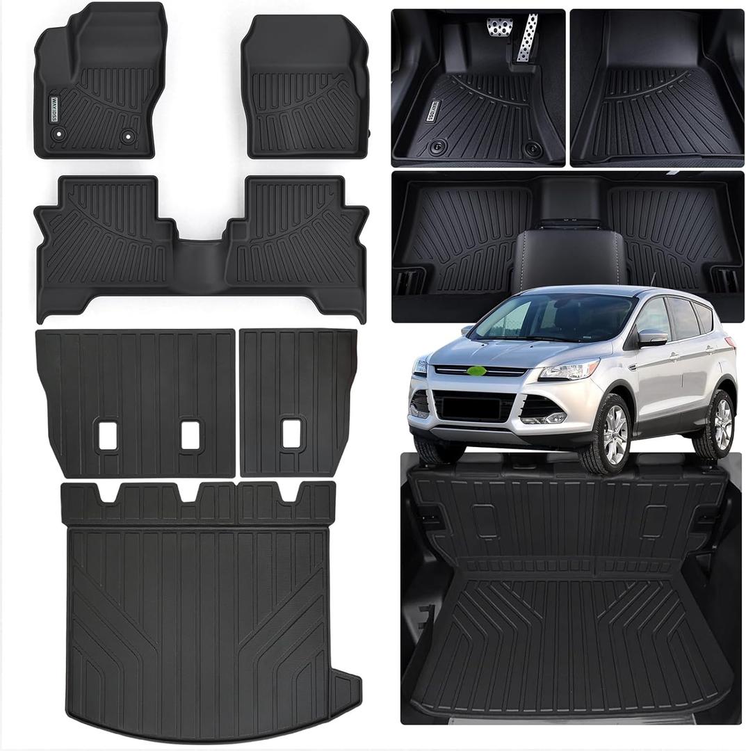 Floor Mats & Trunk Mat & Backrest Mat for 2013-2018 2019 Ford Escape,TPE All Weather Protection Car Floor Liners with Cargo Liners Velcro Covering The Backrest