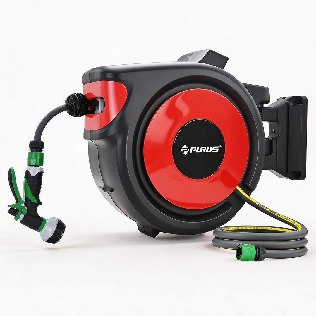 PURUS Retractable Garden Hose Reel,1/2 in x 100 ft Wall Mounted Hose Reel, with 8- Function Sprayer Nozzle, Any Length Lock, Smooth Retraction, Wall Mounted, 180°Swivel Bracket