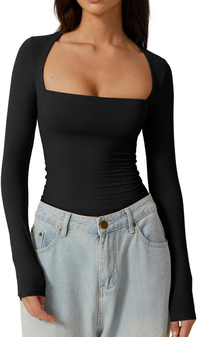 QINSEN Women's Sexy Square Neck Shirt Long Sleeve Double Lined Tees Fitted Going Out Tops (Black) XS