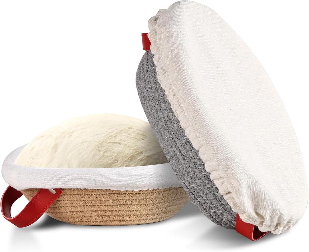 Sourdough Bread Baking Supplies, Cotton Rope Banneton Bread Proofing Basket Set, Oval & Round Bread Baskets with Liners & Covers (Khaki and gray, 10)
