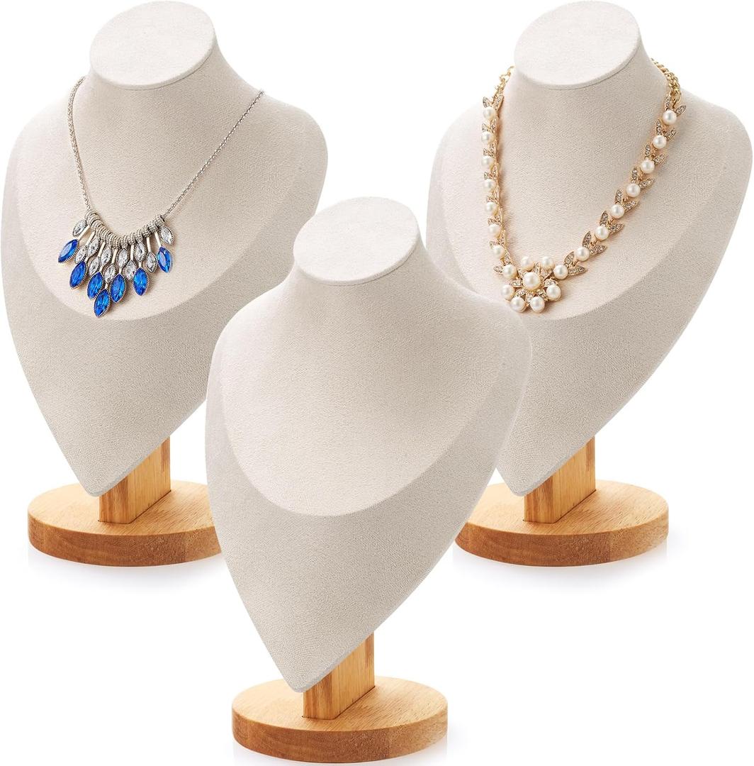 Juexica 3 Pcs Necklace Display Stand Bamboo Jewelry Bust Display Stands Beige Bust for Selling for Vendors Trade Organizer(11.4 x 7.5 Inches)