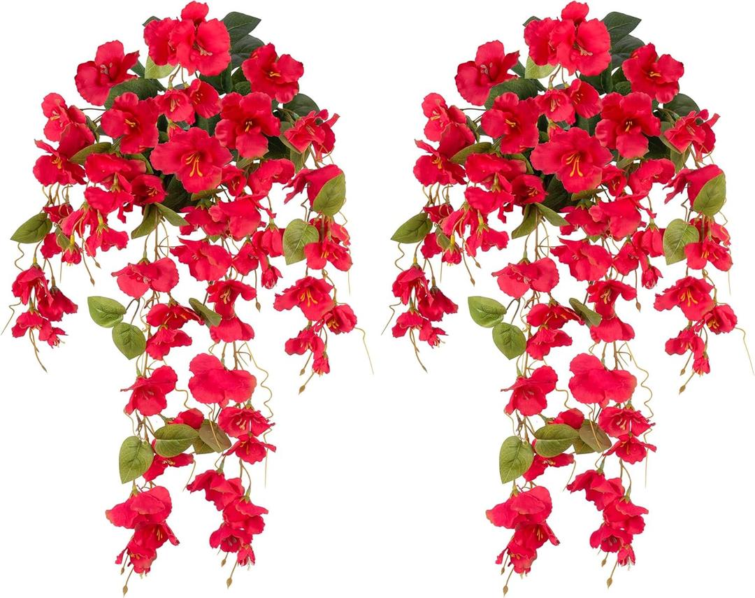 Fake Hibiscus Artificial Hanging Flowers Plants for Outdoors Spring Decoration, 2pcs Silk Hibiscus Vines Realistic UV Resistant Red Faux Flowers for Outside Planter Porch Patio Yard Home Wedding Party