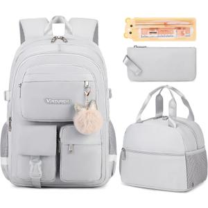 3PCS School Backpack For Student Women College Middle High Teen Girls Bookbag Waterproof Laptop Bag Grey