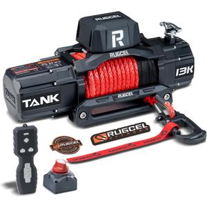 RUGCEL WINCH 13500lb Waterproof Electric Truck Winch 12V Synthetic Rope Winch with Hawse Fairlead,Wired Handle and 2 Wireless Remote,for Trailer and Wrangler in Car Lift
