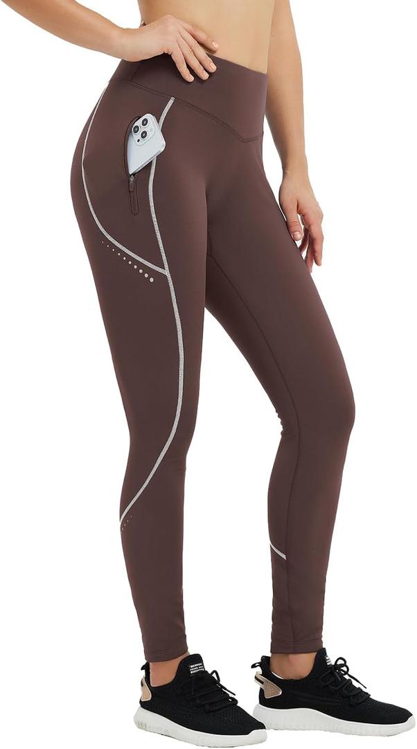 baleaf Women's Cylcing Tights Fleece Lined Leggings Pockets Water Resistant Thermal Warm High Waisted Running Pants (Dark Brown)