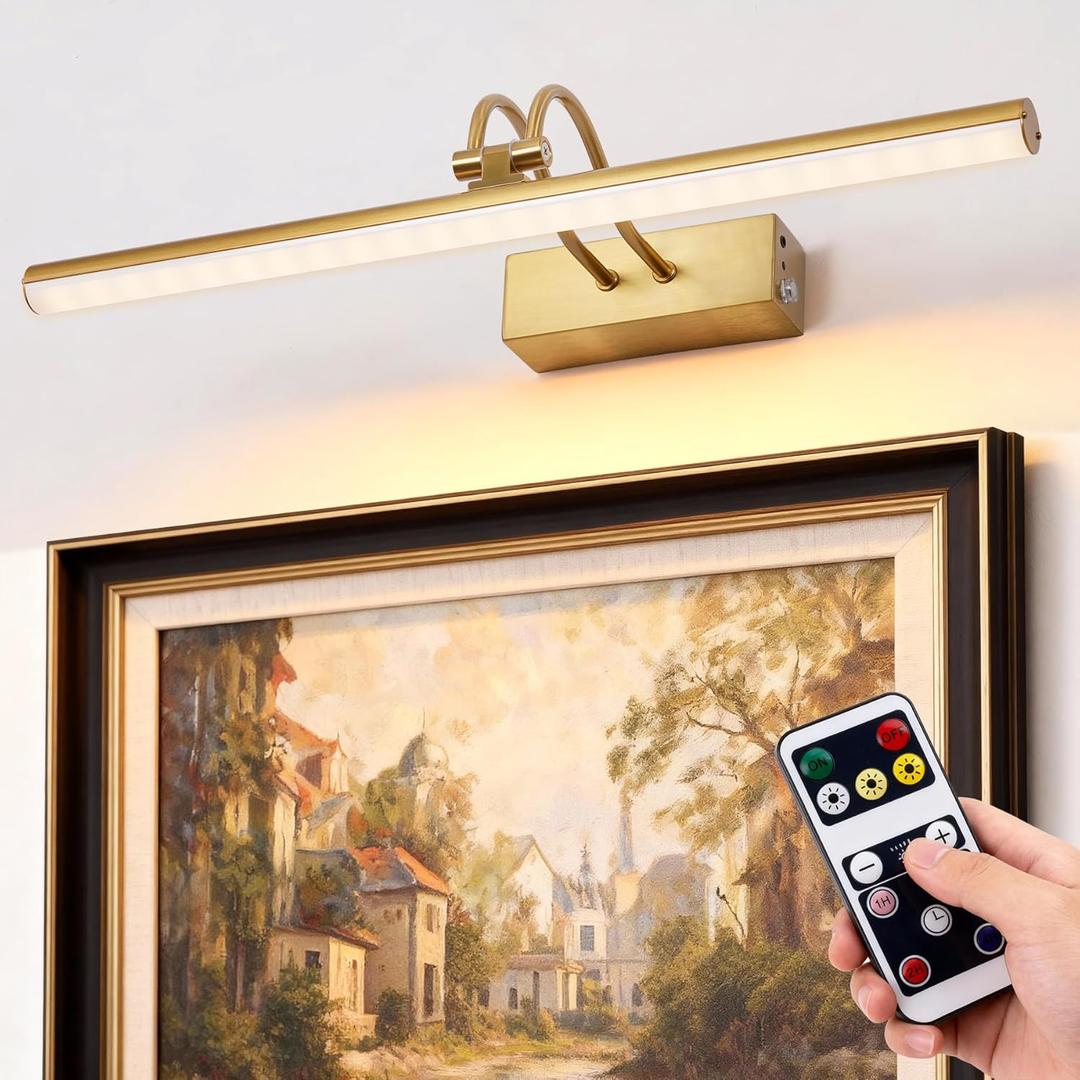 Picture Light,Picture Lights for Wall Cordless,20" Picture Lights with Timer and Dimmable,Battery Wall Lights for Display Gallery Painting Art Frame Portrait-Brass