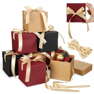 Zhanmai 30 Pcs Small Gift Boxes with Lids 4 Inch Squared Christmas Gift Boxes with Gold Ribbon Packaging Red Brown Black Kraft Favor Boxes for Wedding Birthday Proposal Party
