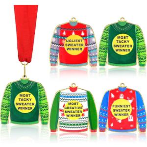 Remuuly 4 Pieces Christmas Ugly Sweater Medal Award Metal Ugly Sweater Contest Prizes with Ribbons for Christmas Tree Ornament Party Contest Winner Decorations