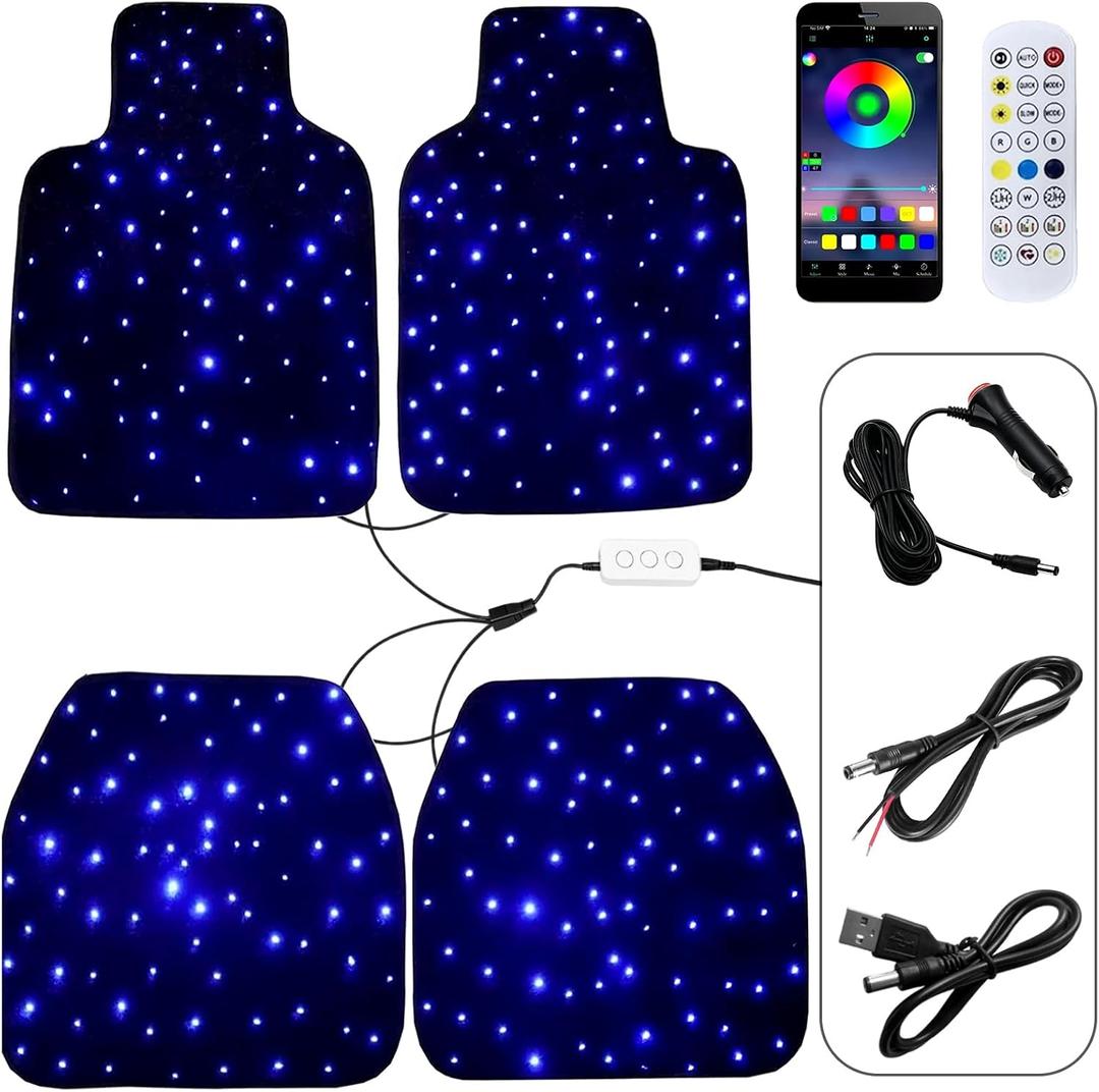 Starlight Floor Mats for Car, LED Car Mats, Starry Sky Design Luminous Carpet, Universal Fit Anti-Slip Waterproof Starlight Mats for Cars, SUVs, Trucks(USB Cable,Car Charger,DC Cable)