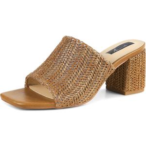 Ancomafio Heeled Sandals for Women，Raffia Sandals 2026 Chunky Heels Square Toe Mules Block Summer Shoes Slip On (Brown, M)