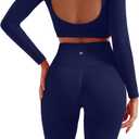 SUUKSESS Women 2 Piece Open Back Seamless Workout Sets Scrunch Booty Gym Leggings Built in Bra Crop Yoga Top (Large, Navy Blue)
