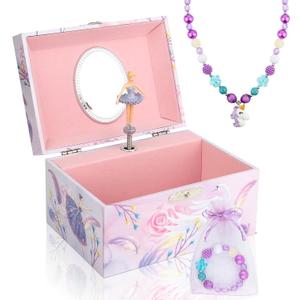 Girls' Musical Jewelry Box Organizer with Jewelry Set - Pink Purple Spinning Ballerina Theme, Swan Lake Tune - Jewelry Storage and Music Box for Girls