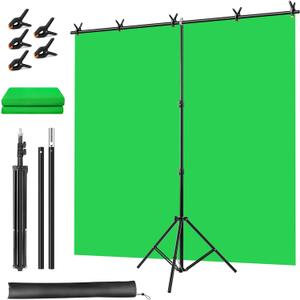 Green Screen Backdrop Kit, Portable Greenscreen Background with T-Shaped Stand, 5 Clamps & Carrying Bag for Photography, Streaming, Zoom, Gaming, (Green, 6.5 Feet X 5.0 Feet)
