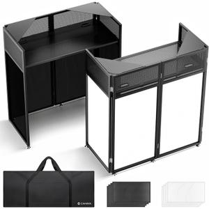 CAHAYA DJ Booth Stand Portable – DJ Table Facade for Laptop & Controller Double Top Corners Black & White Scrims for Lighting Easy Setup Foldable Storage with Bag 40"L x 20"W