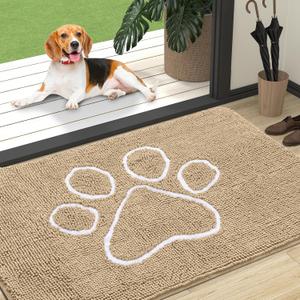 OLANLY Dog Door Mat for Muddy Paws 47x32, Paw Print Design, Absorbs Moisture and Dirt, Absorbent Non-Slip Washable Doormat, Quick Dry Chenille Mud Mat for Dogs, Entry Indoor Entryway Carpet, Beige