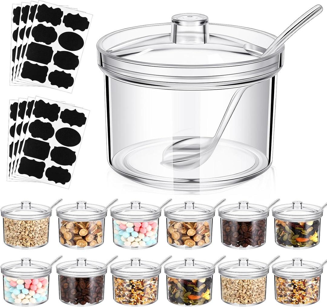 Tioncy 12 Pieces Acrylic Sugar Containers for Countertop Clear Sugar Holder Dispenser Salt Bowl with Lid and Spoon with Tag for Serving Condiment Candy Coffee Tea Spices Herbs (13.5 oz)