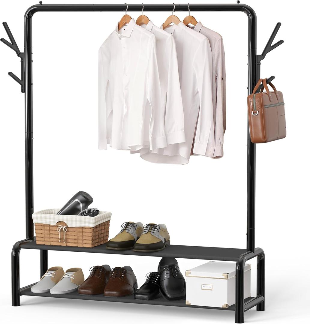 Simple Houseware 52-Inch Garment Rack with Storage Shelves and Coat/Hat Hooks, Freestanding Clothing Organizer, Black