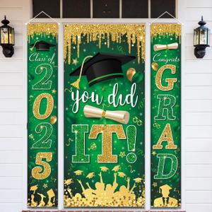 Green & Gold Graduation Decorations - Congrats Grad Banner & 'You Did It' Door Cover for High School & College Graduation Parties