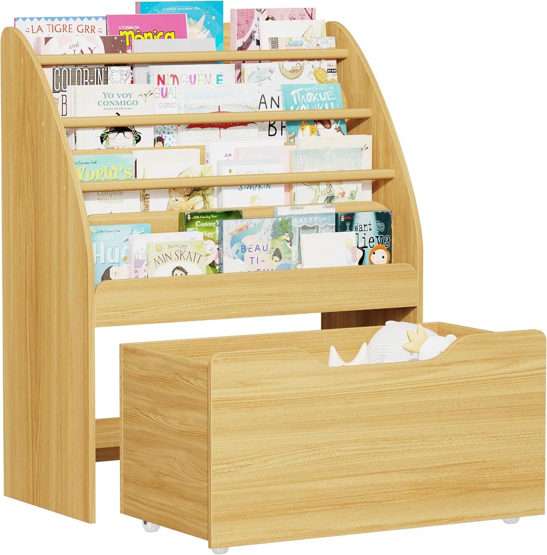 Lkeiyay Montessori Kids Bookshelf and Toy Storage Organizer (Natural), 27.56 inches x 13.78 inches x 34.33 inches