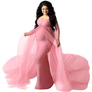 Women's Long Sleeve Off Shoulder Maternity Dress Ruched V-Neck Tulle Maxi Photography Dresses for Baby Shower Photo Shoot Elegant Fitted Mermaid Pregnancy Gown for Evening Wedding Party Pink Medium